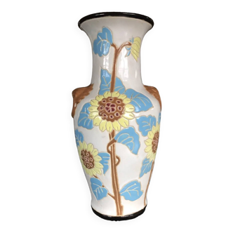 Vase en céramique émaillée à décor polychrome de fleurs de tournesol 36 cm