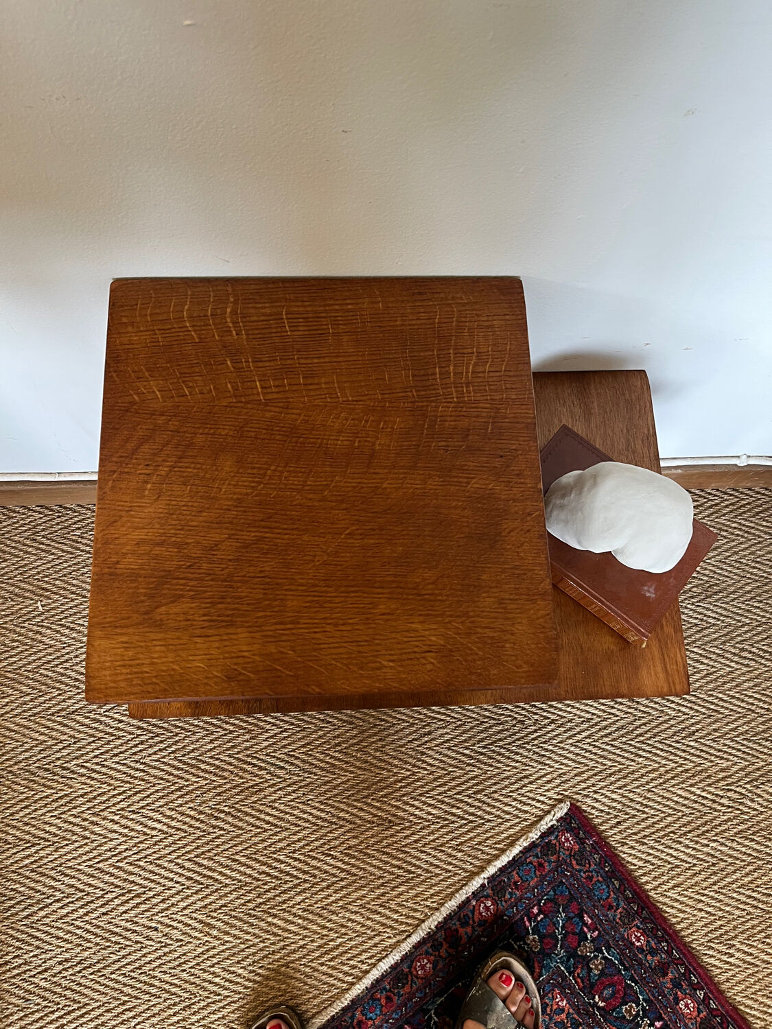 Table d’appoint table de chevet vintage bois pieds compas et rotin