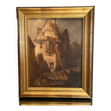 Framed 19th century watercolor representing a view of a fishing port