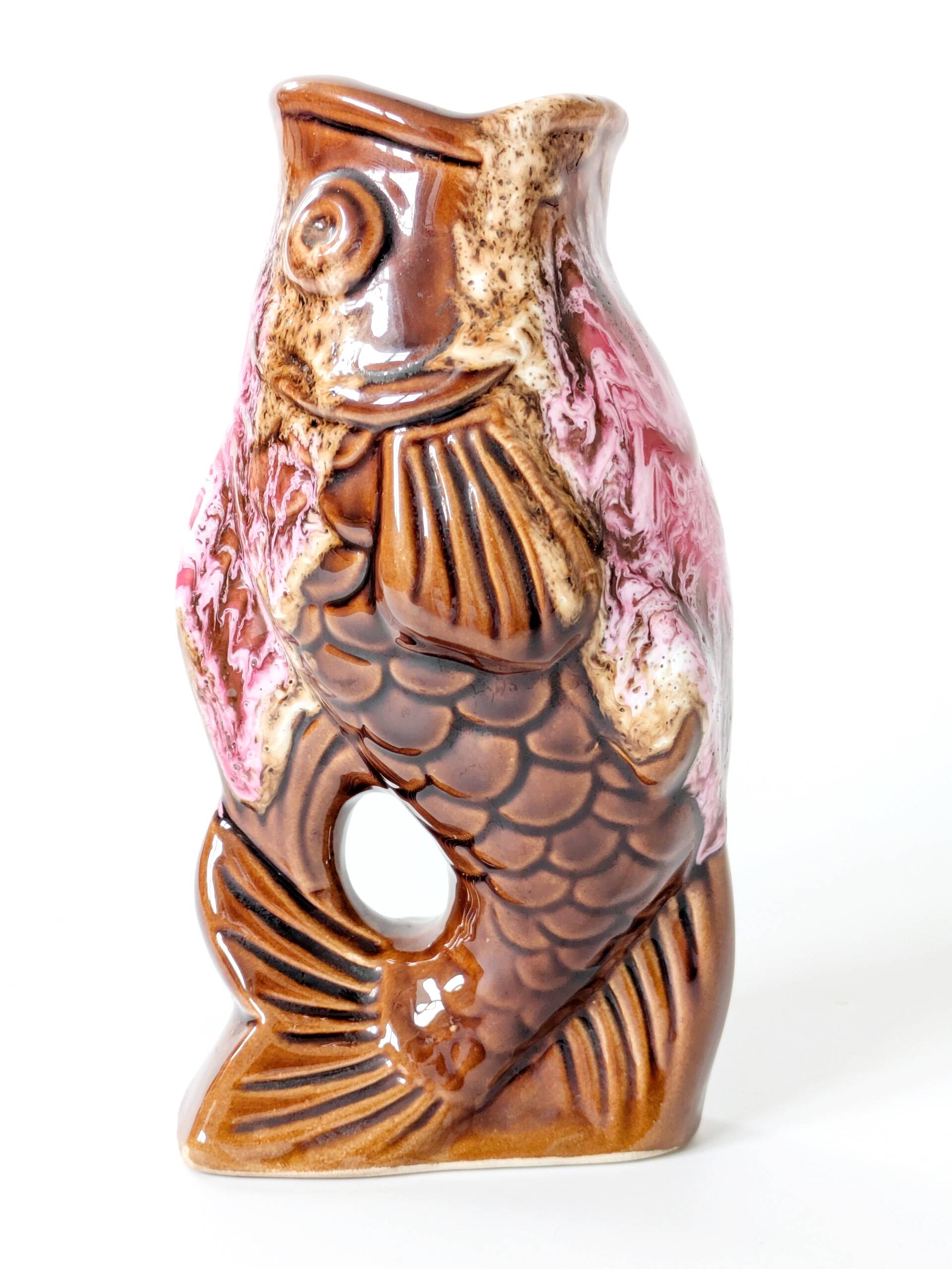 Vallauris fish pitcher vase from the 60s, amber and pink