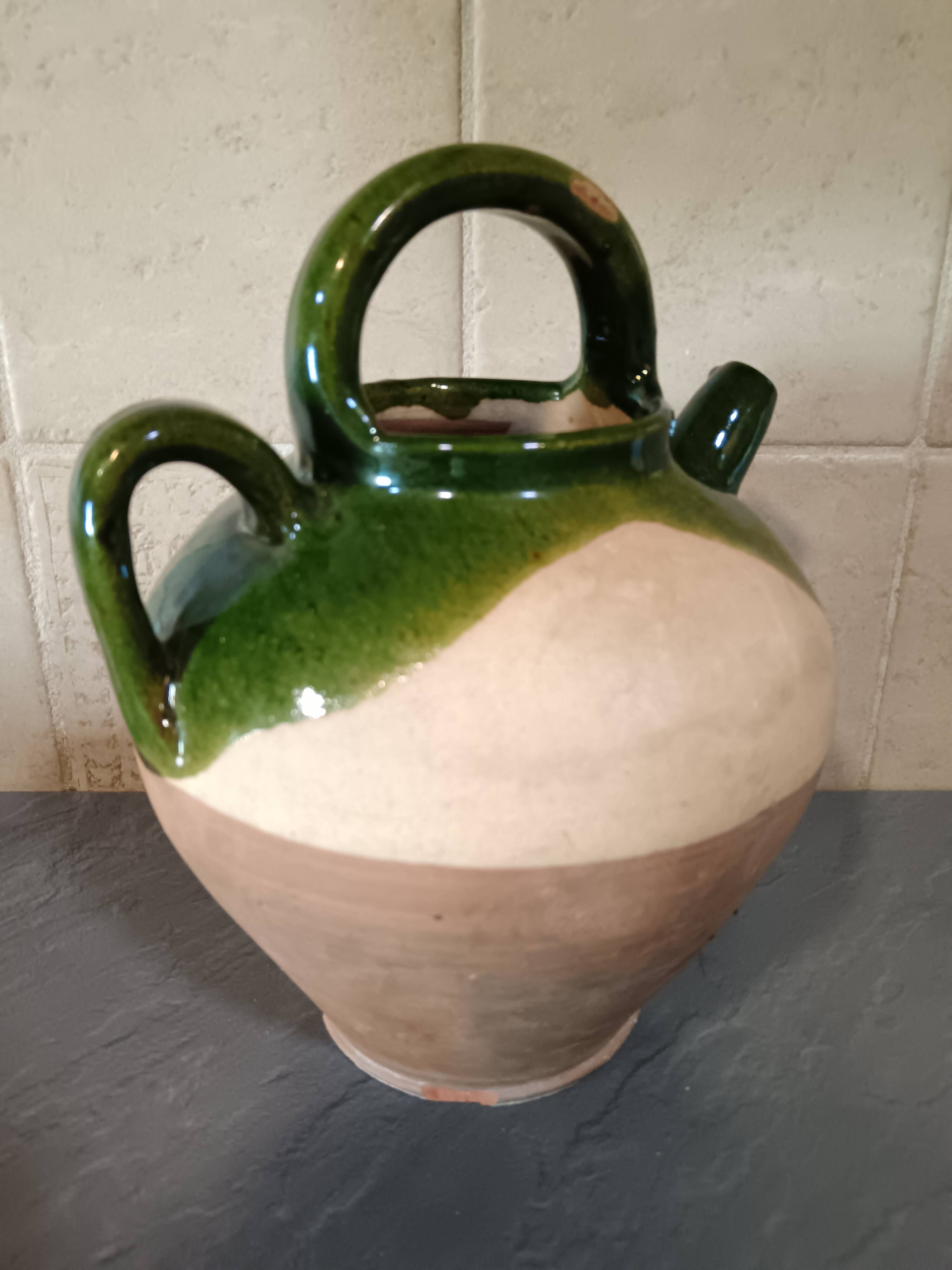 Cruche ancienne terre cuite émaillée verte XIXème siècle