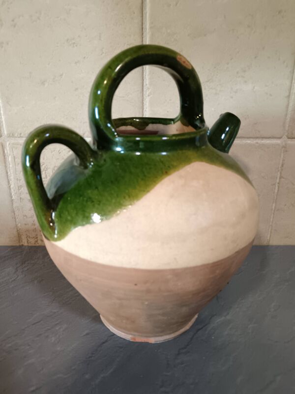 Cruche ancienne terre cuite émaillée verte XIXème siècle