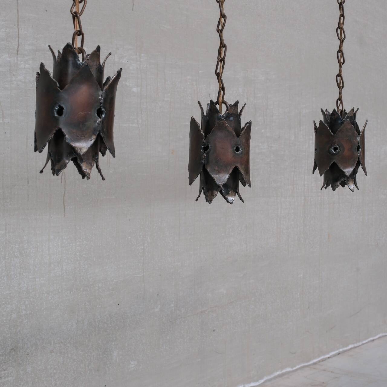 Trio of Unusual Brutalist Late 20th Swedish Pendant Lights