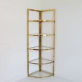 Vintage 1970s gold metal and plexiglass corner shelf