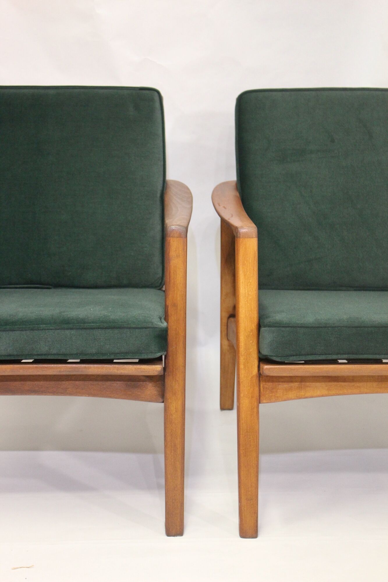 Pair of Scandinavian style armchairs, red velvet fir fabric 60s