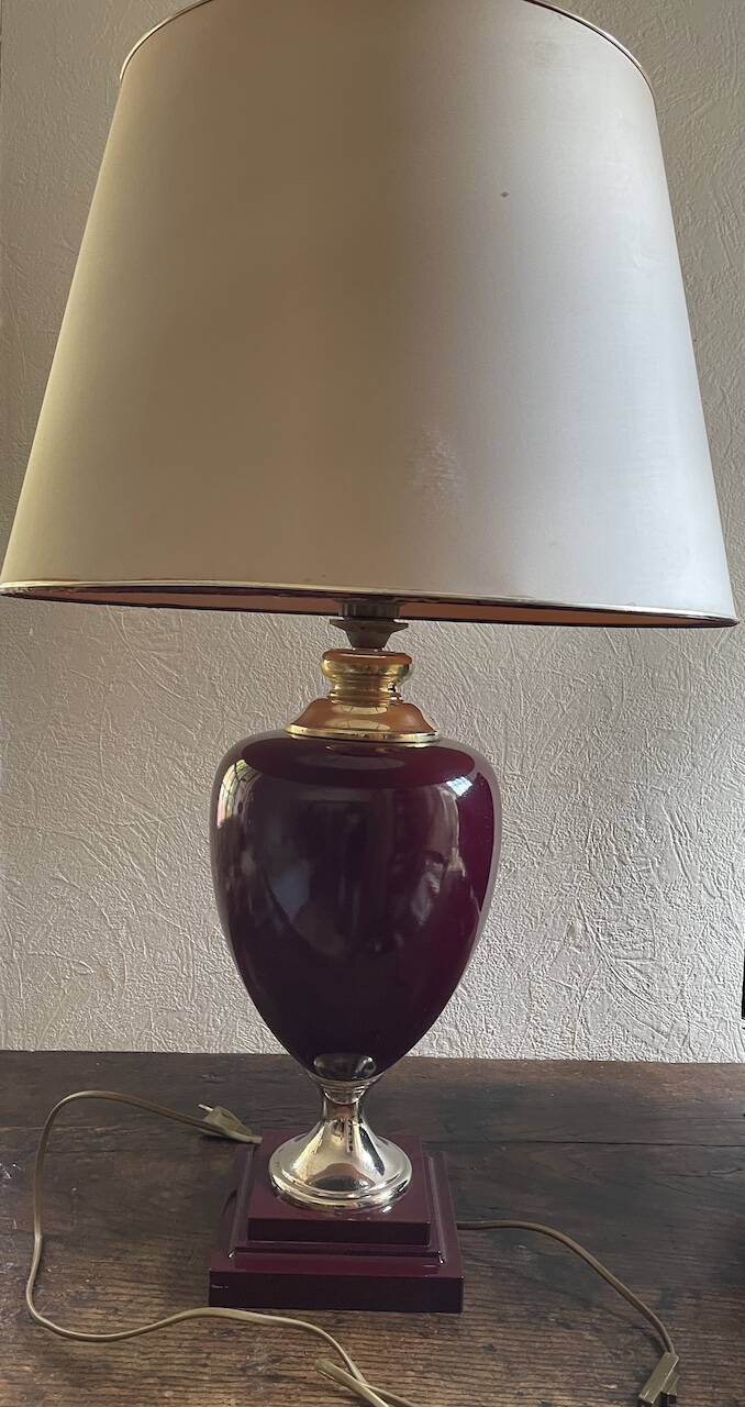 Large burgundy ceramic and brass table lamp
