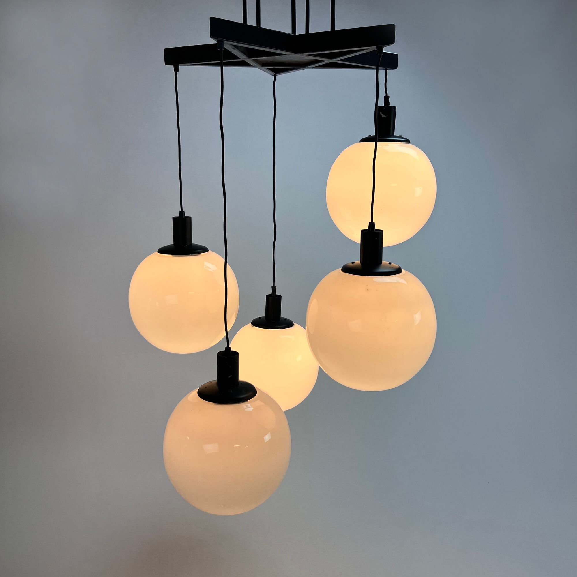 Mid century hanging lamp with 5 white bols, 1970s
