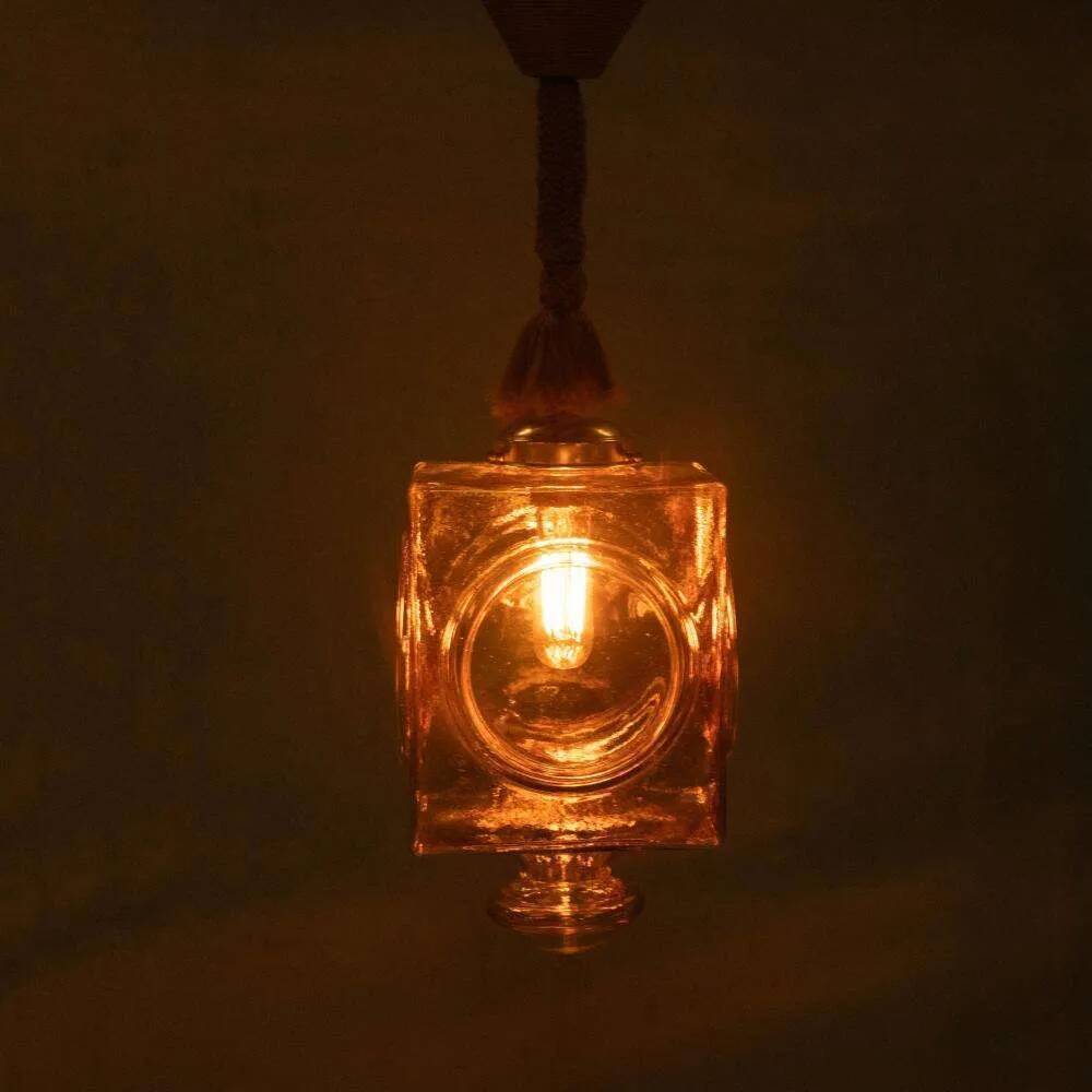 Japandi suspended glass lamp, vintage cubic bohemian glass lamp.