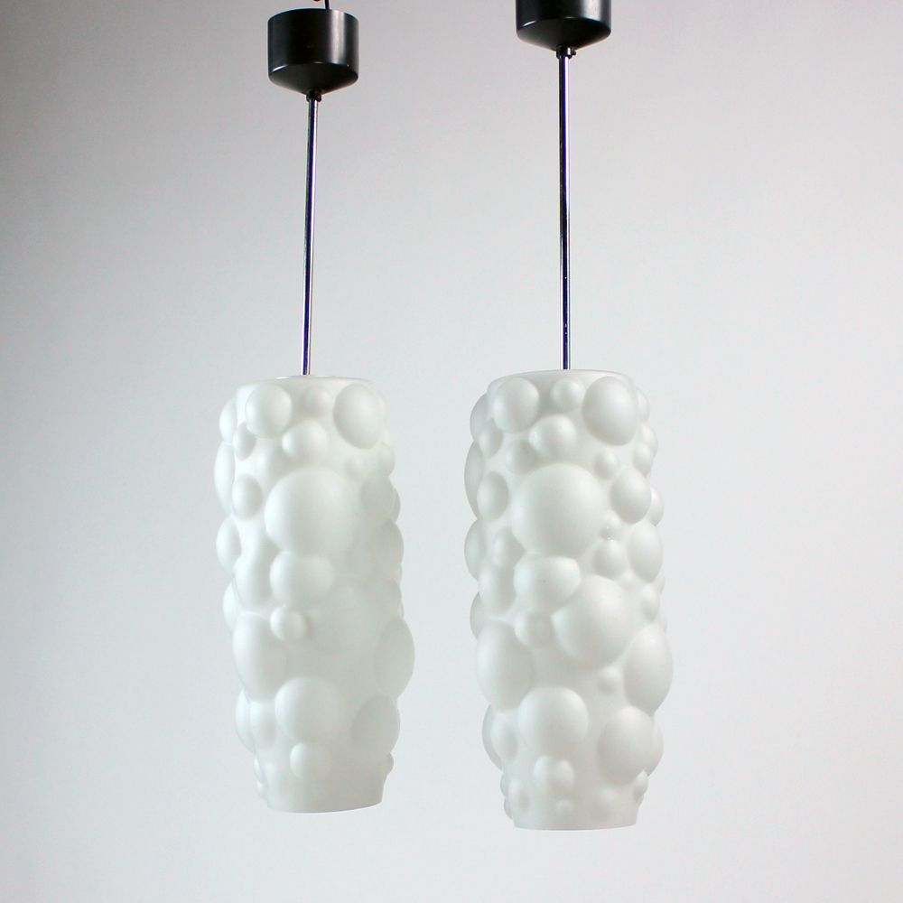 Bubble pendants in white opaline glass, Czechoslovakia 1960s, set of 2