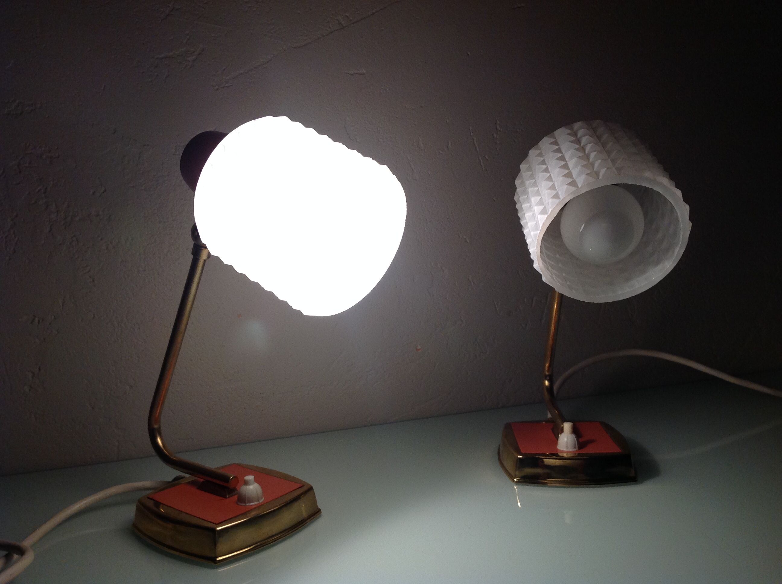 Pair of bedside lamps in structured white opaline and brass, vintage 60