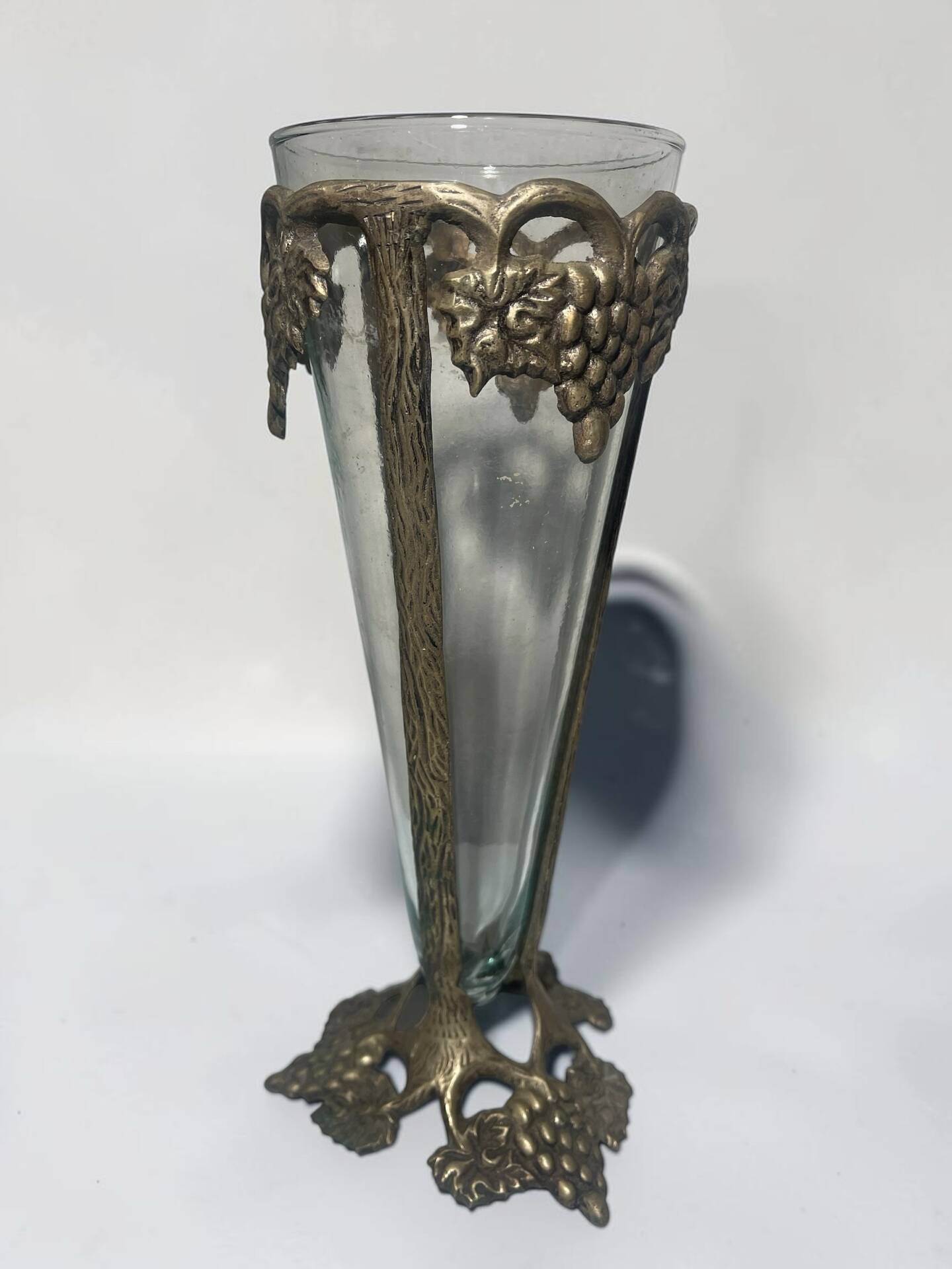 Antique Art Nouveau vase in patinated bronze metal with removable glass.