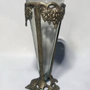 Antique Art Nouveau vase in patinated bronze metal with removable glass.