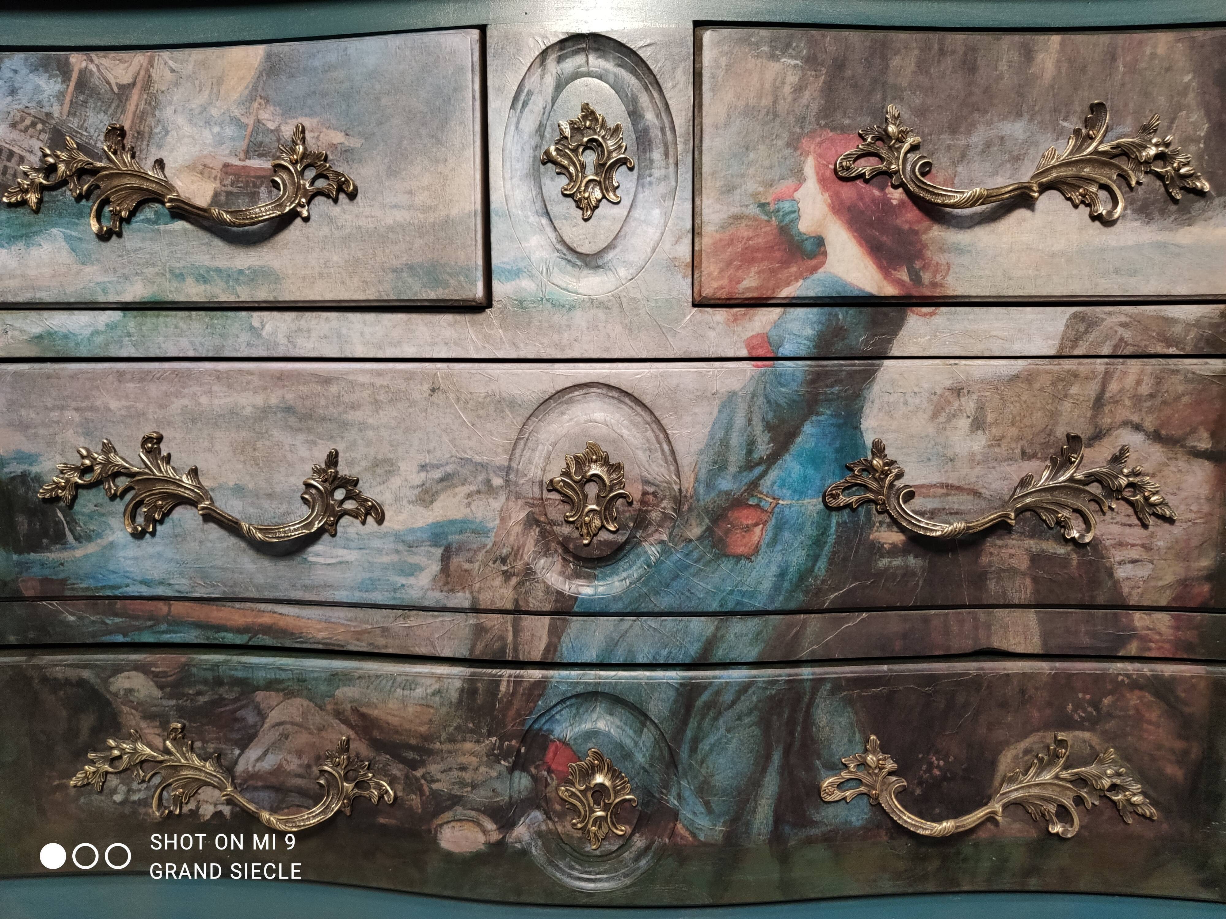 Patinated crossbow chest of drawers