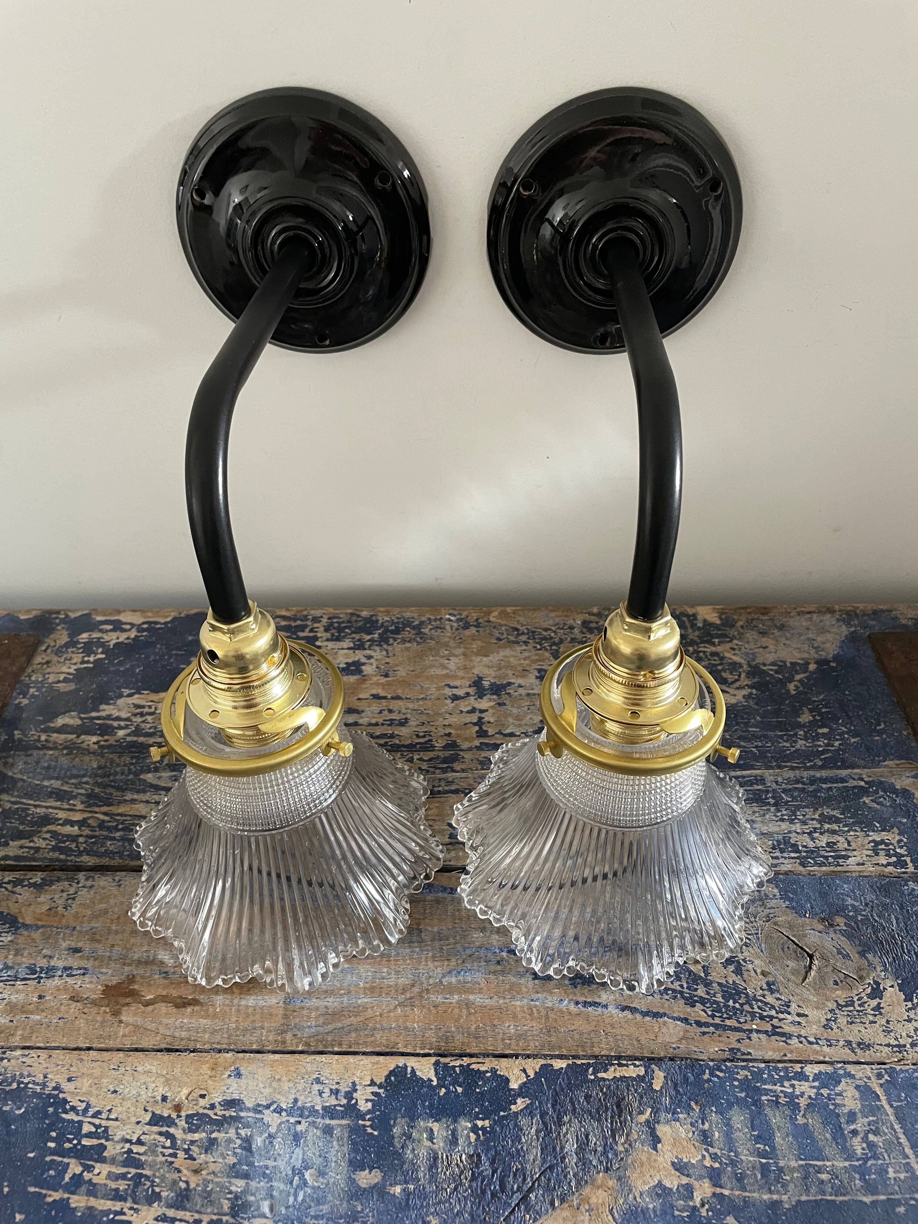 Pair of vintage holophane glass sconces electrified