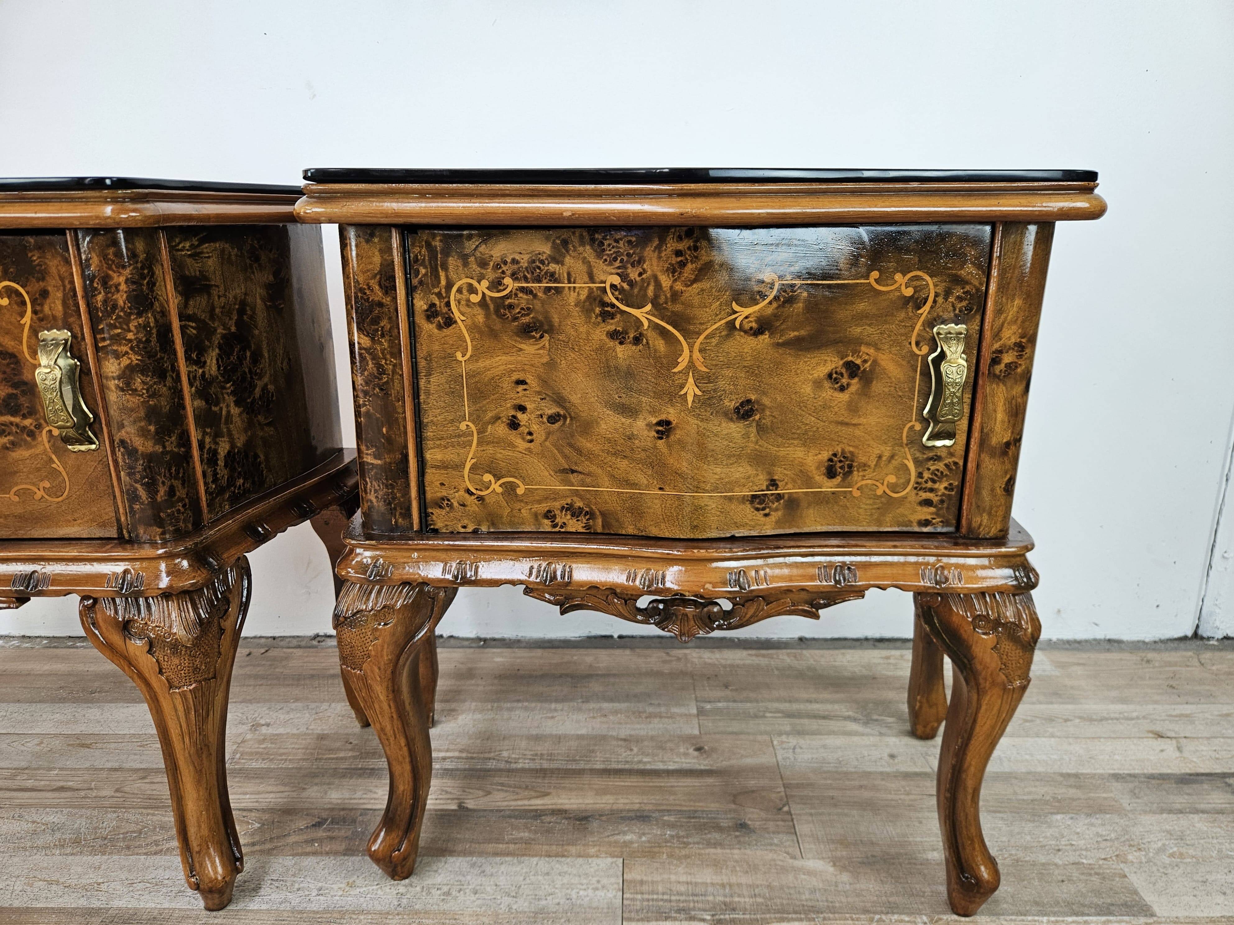 1950s Chippendale bedside tables with black glass
