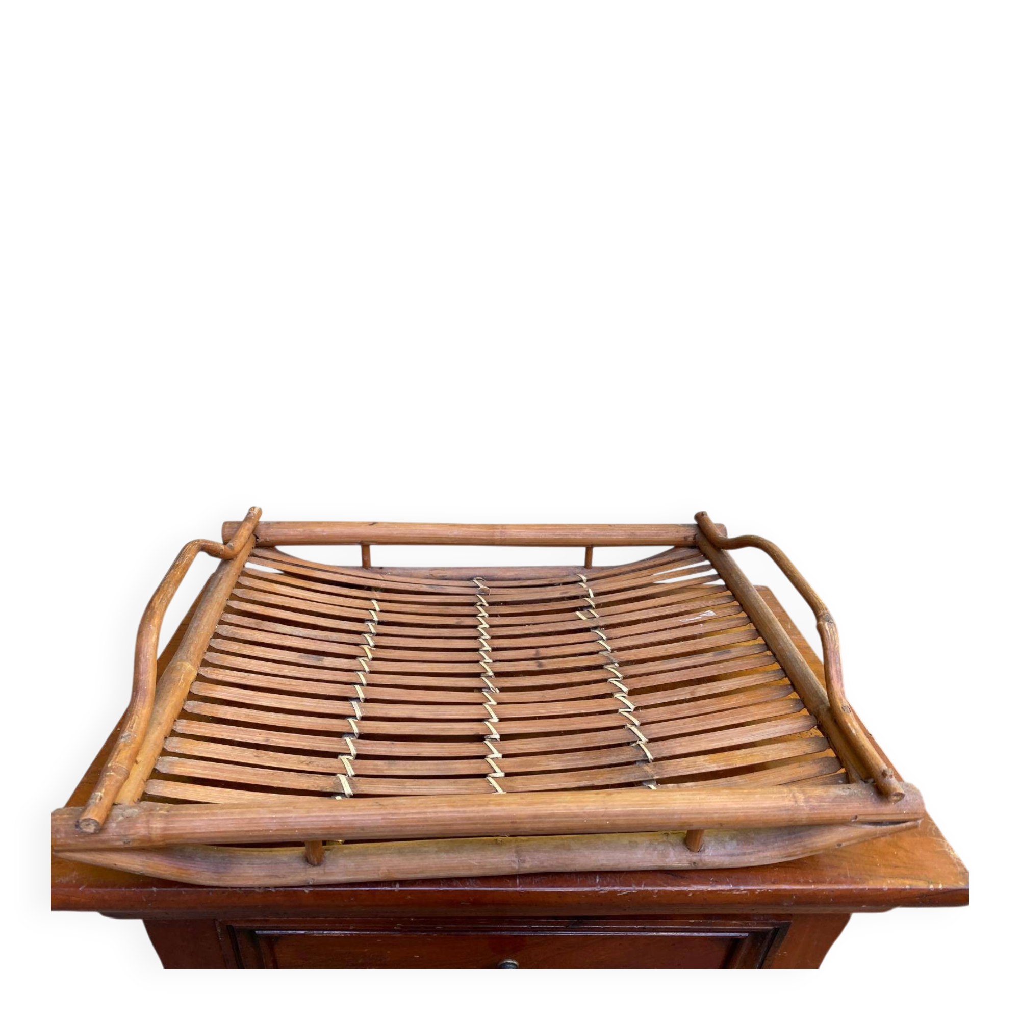 Vintage serving tray in bamboo and woven rattan boho / tropical 1970s
