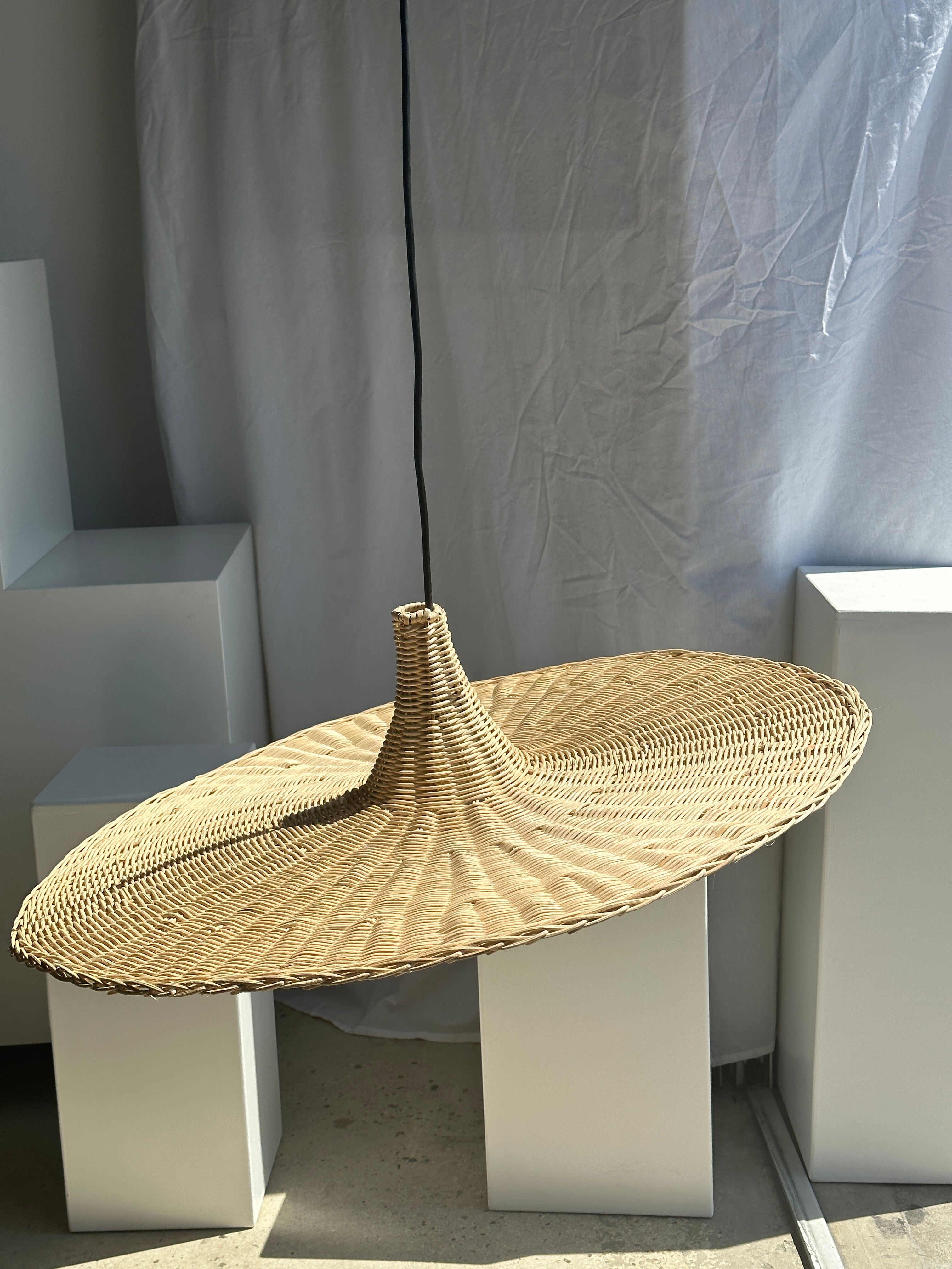 Large suspension, rattan luminaire in hat shape D:80cm