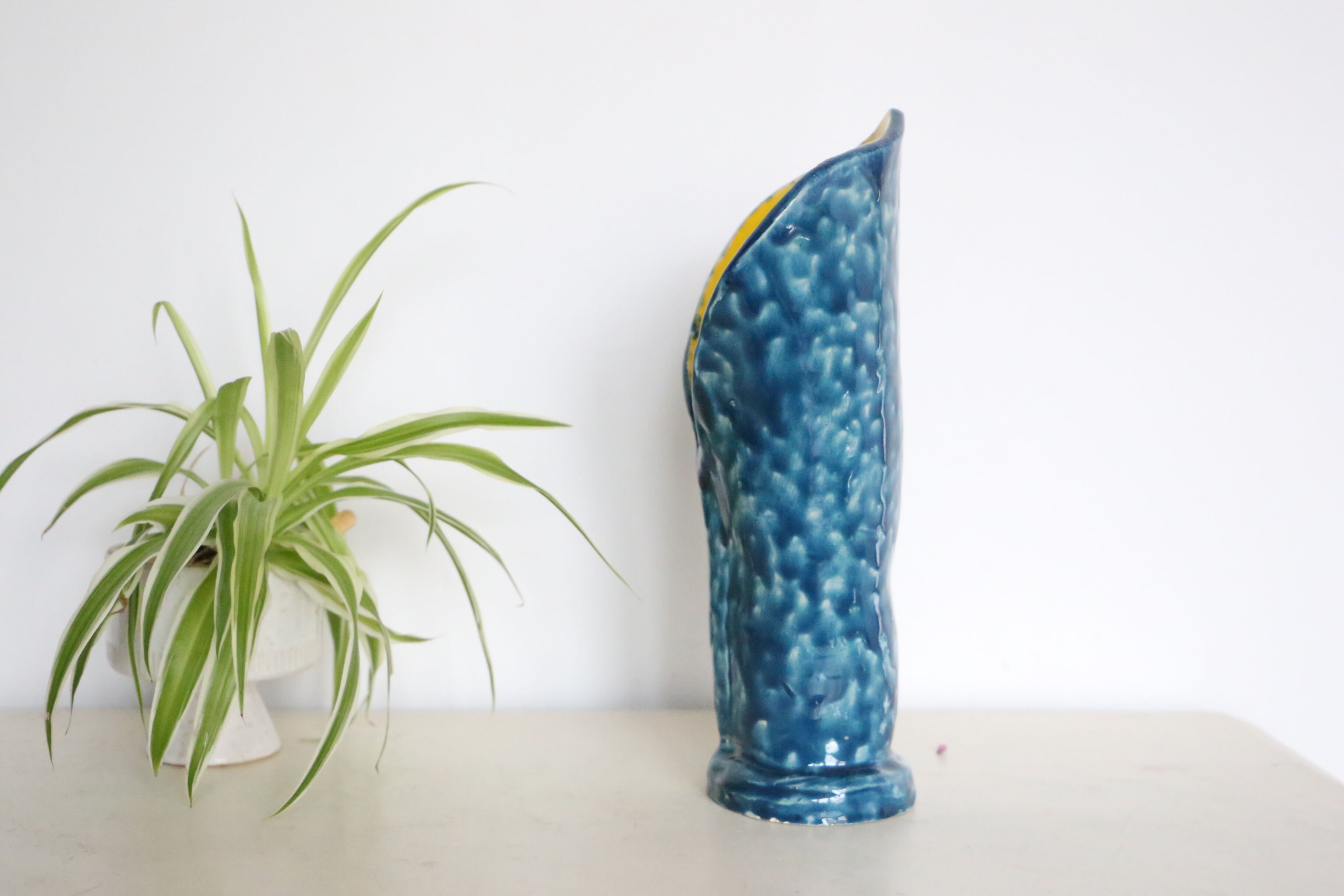 Handmade ceramic vase, glazed blue and yellow, vintage