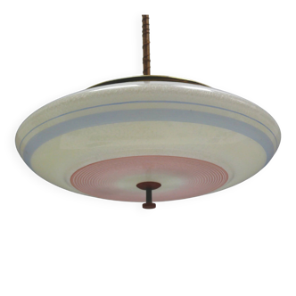 Suspension Art Déco en laiton blanc et verre - années 1930-1950