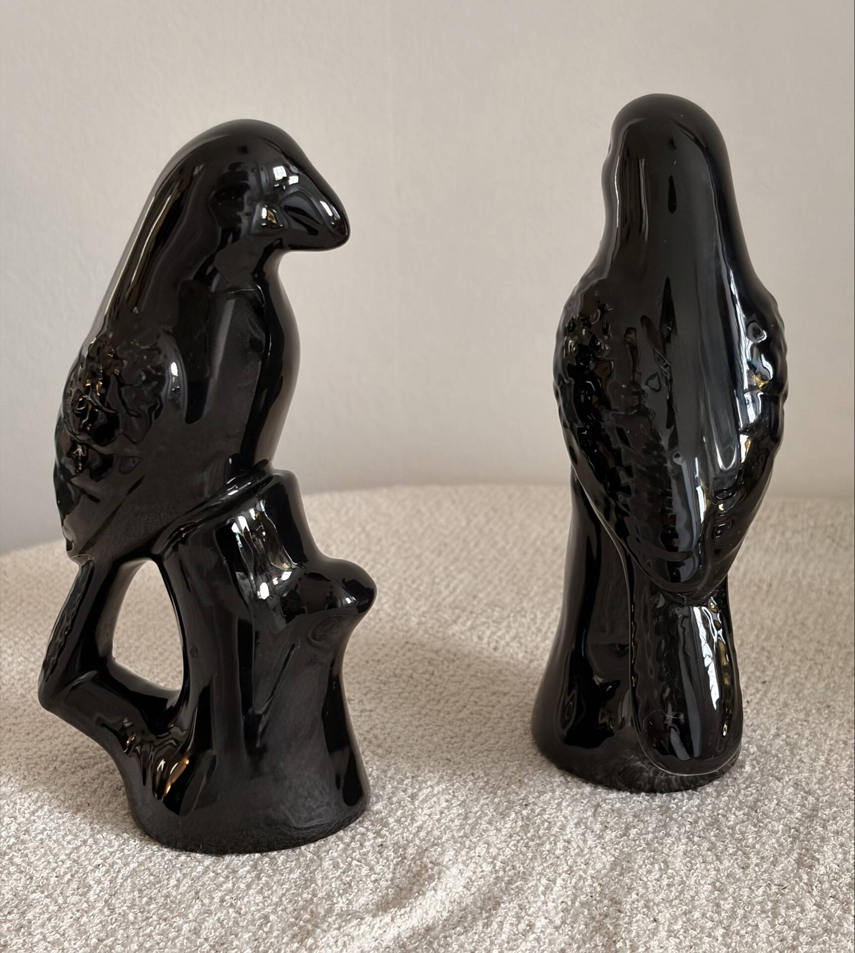 Pair of Mid-Century Gloss Black Ceramic Bird Figurines (Ravens/Crows)