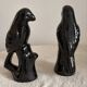 Pair of Mid-Century Gloss Black Ceramic Bird Figurines (Ravens/Crows)