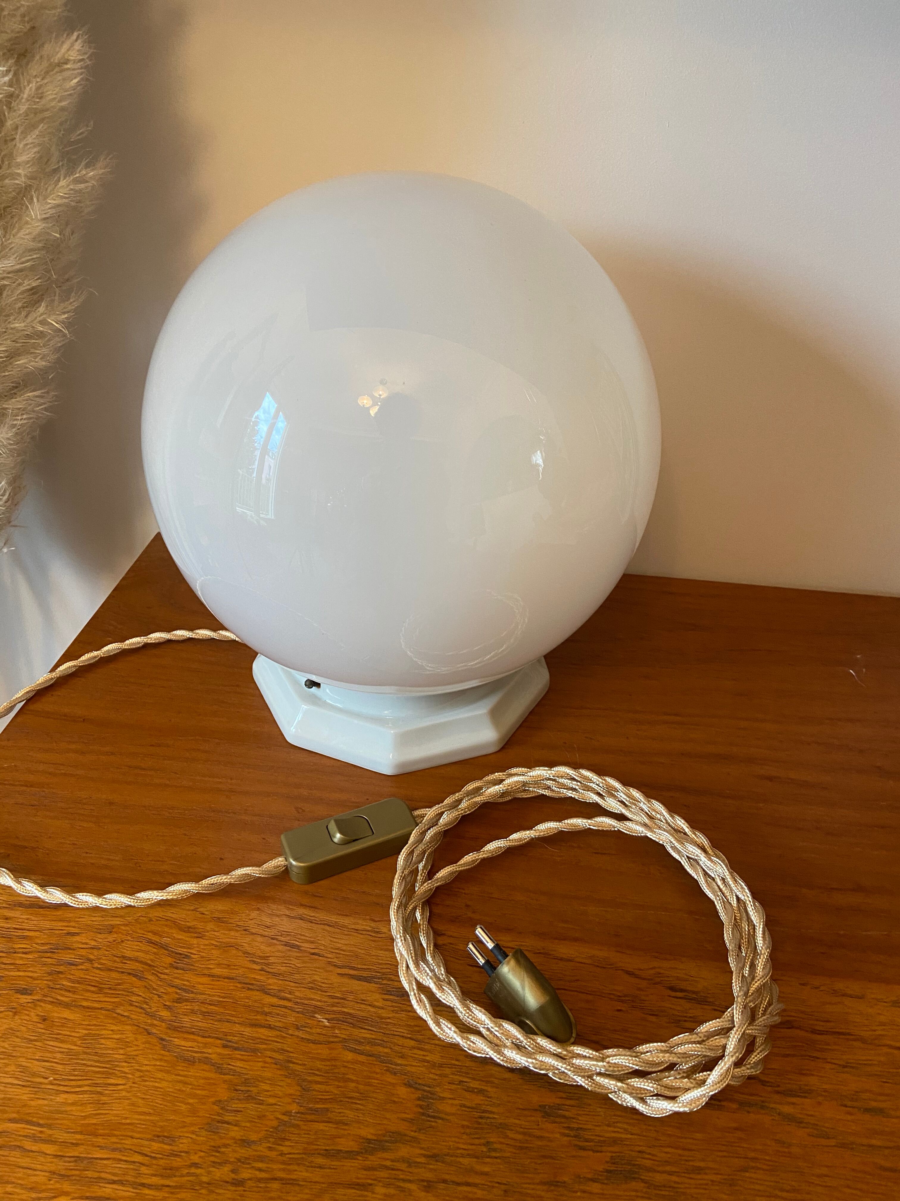 Vintage table lamp opaline ball and earthenware base