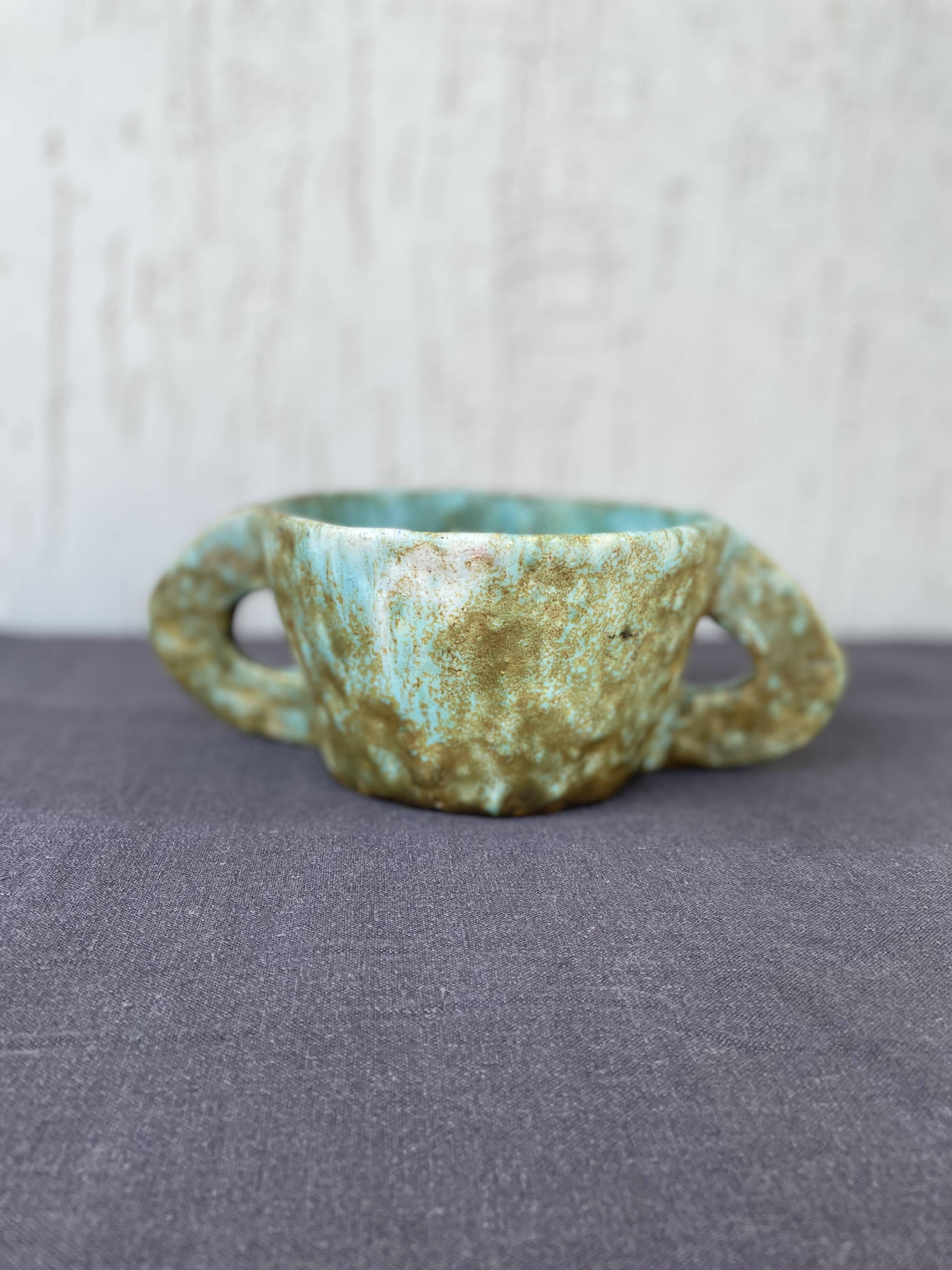 Stoneware bowl with handles, signed handmade ceramic.