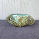 Stoneware bowl with handles, signed handmade ceramic.