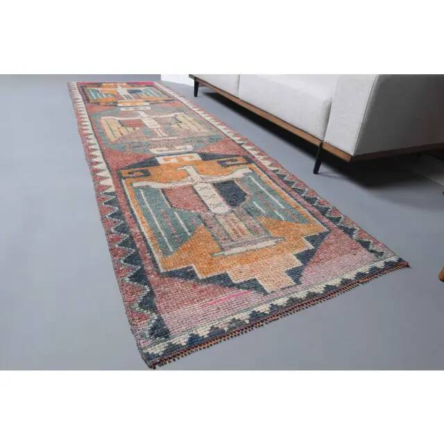 Vintage Turkish Oushak Handmade Wool Cotton Pink Runner Rug 97x323