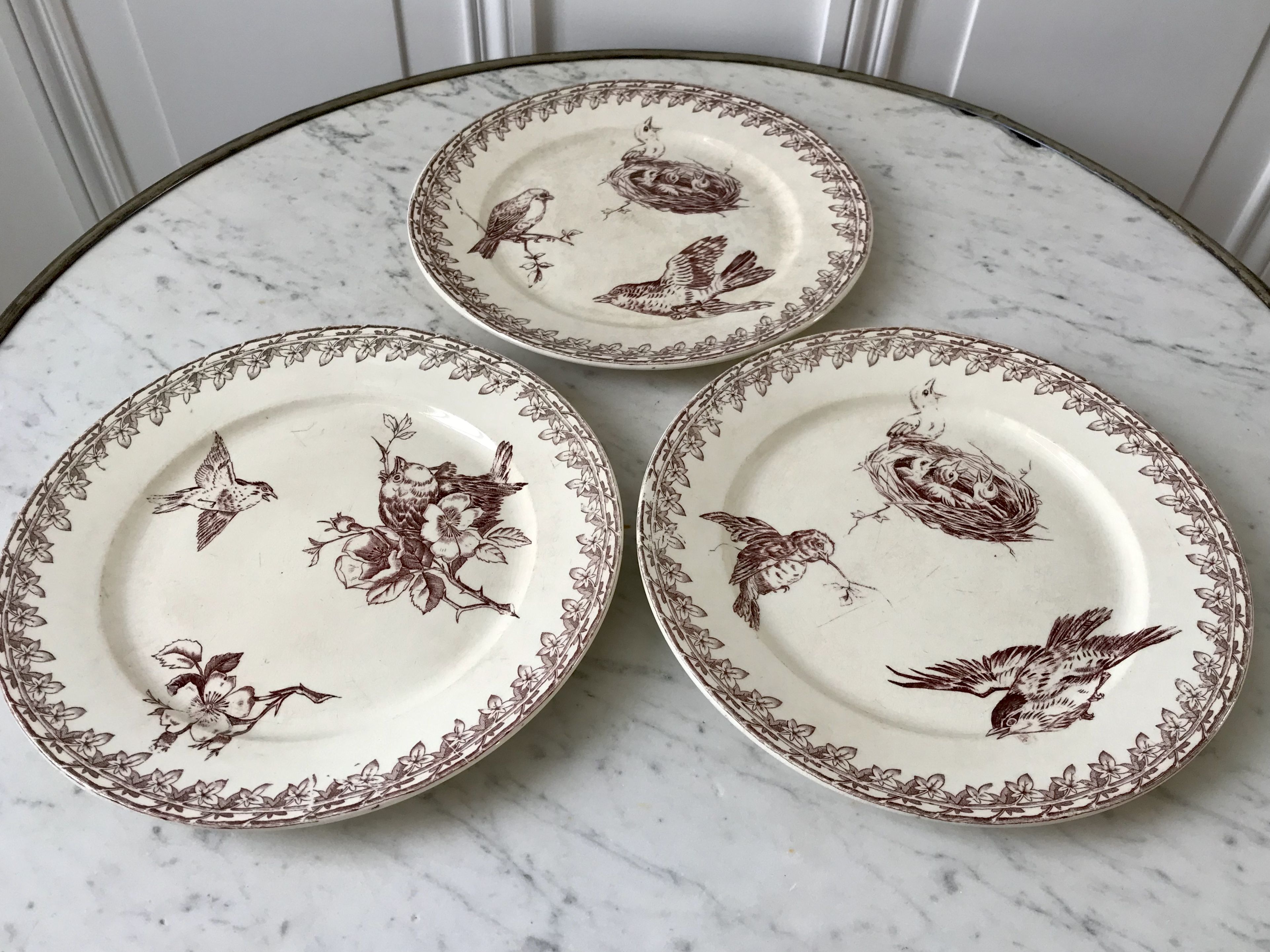 Trio of dessert plates Terre de Fer, faience digoin Sarreguemines, Buffon model