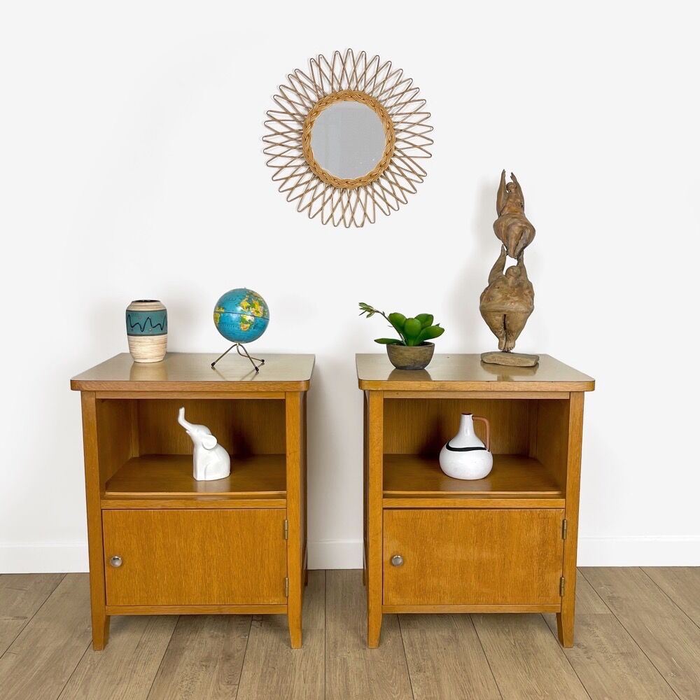 Pair of bedside tables blond wood and vinyl Jantzi 1966