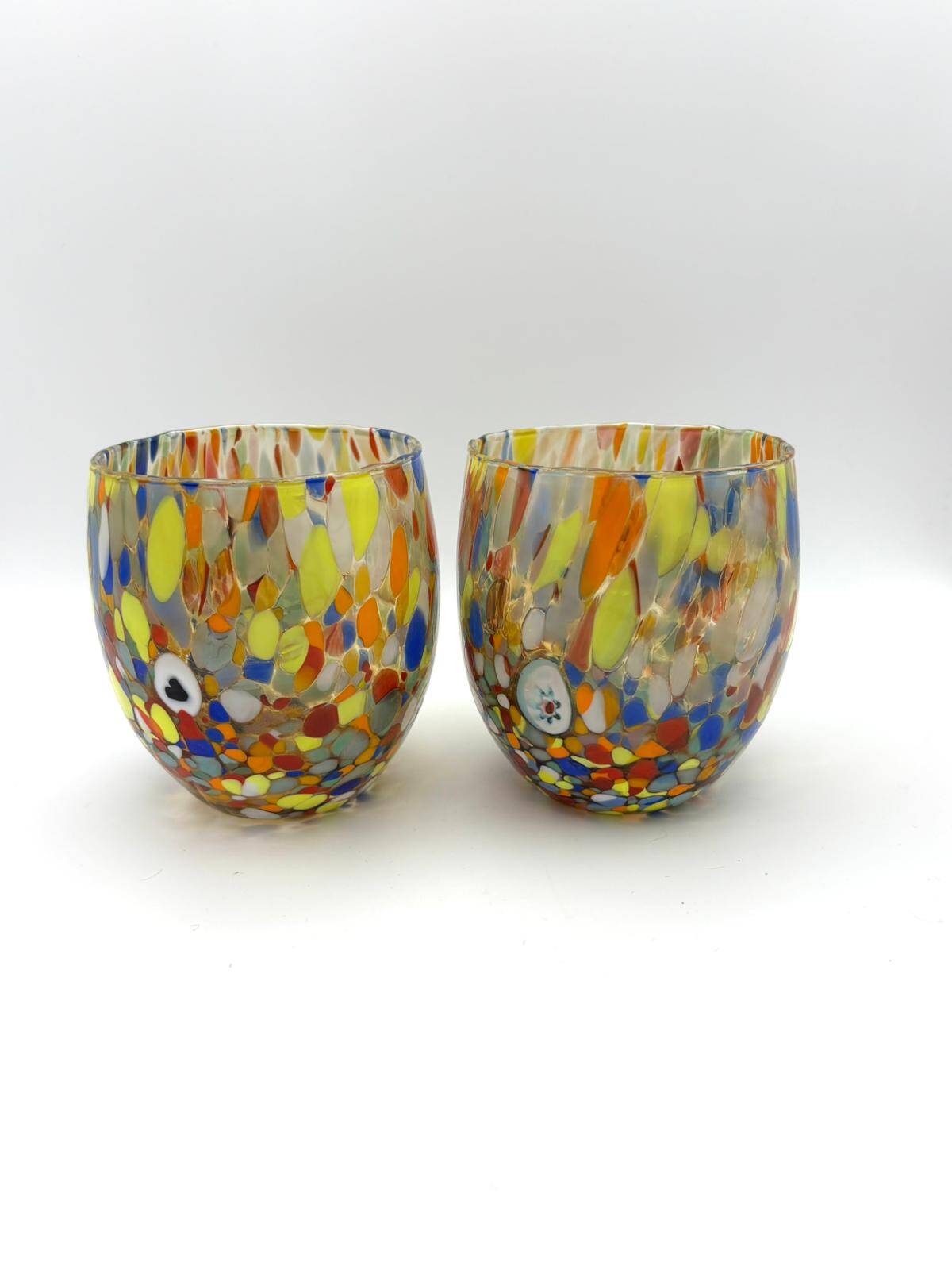Set of 6 blown glass glasses from Venice with Effetre Murano murrine.