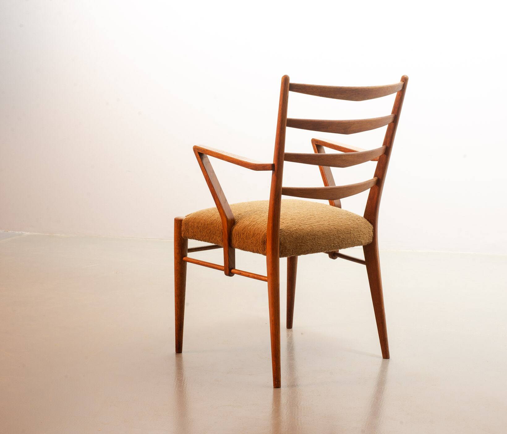 Cees Braakman Dutch Design Wooden Ladder Arm Chairs & Caramel Bouclé Fabric