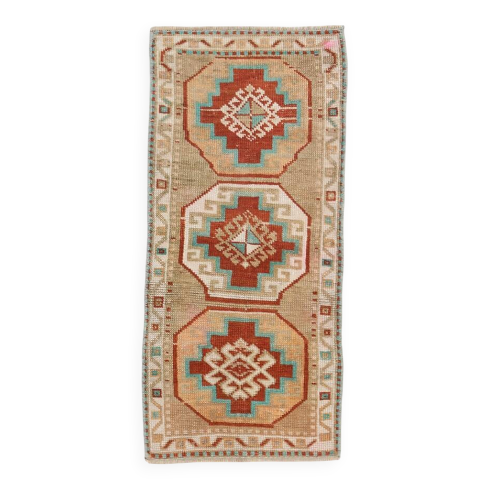 Red Cream Oriental Turkish Vintage Rug, 39x84Cm