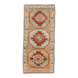 Red Cream Oriental Turkish Vintage Rug, 39x84Cm