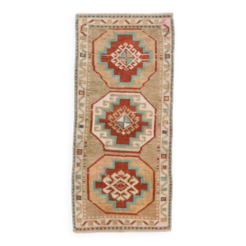 Red Cream Oriental Turkish Vintage Rug, 39x84Cm