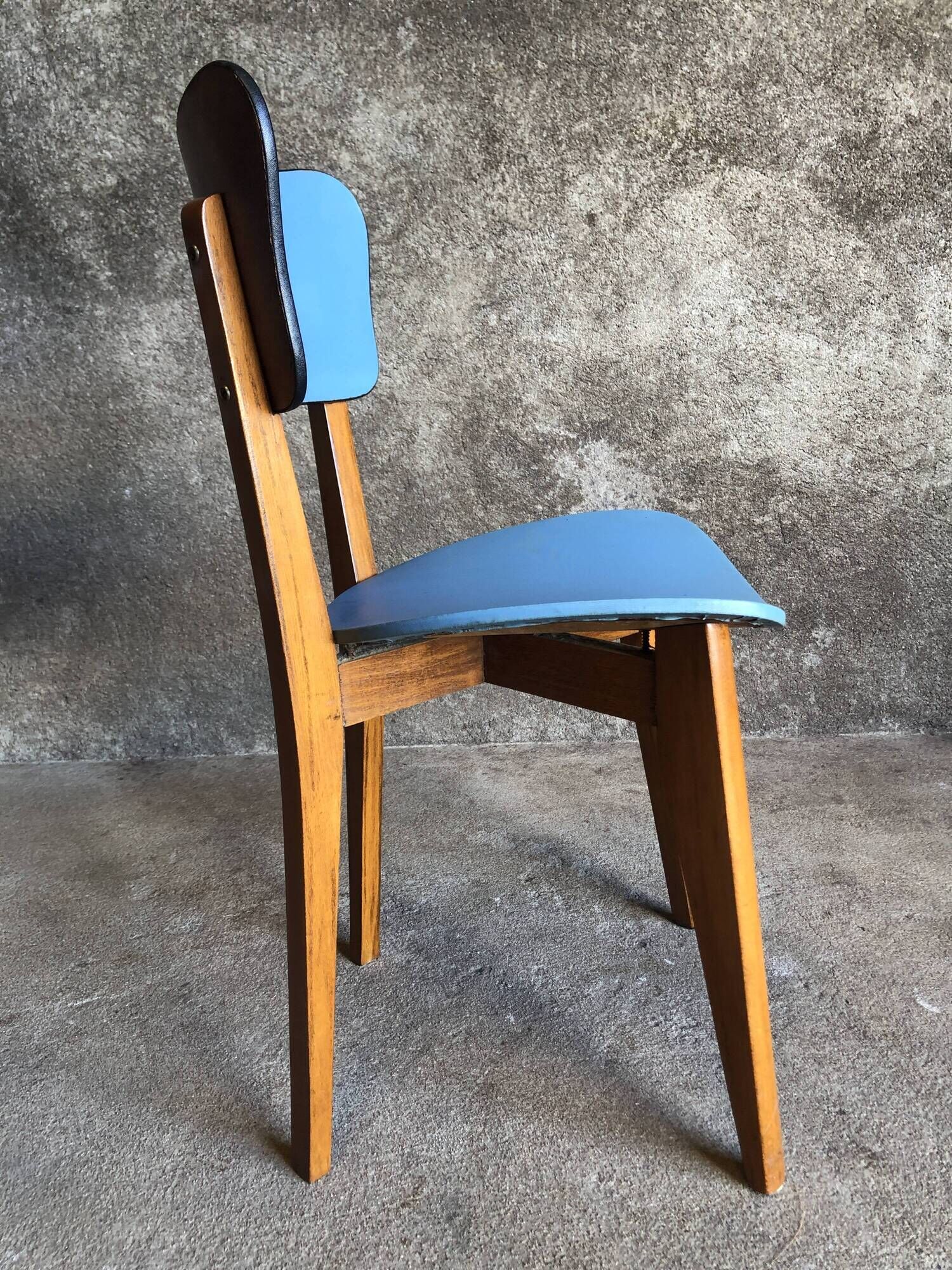 Pair of vintage bistro chairs in wood and light blue vinyl