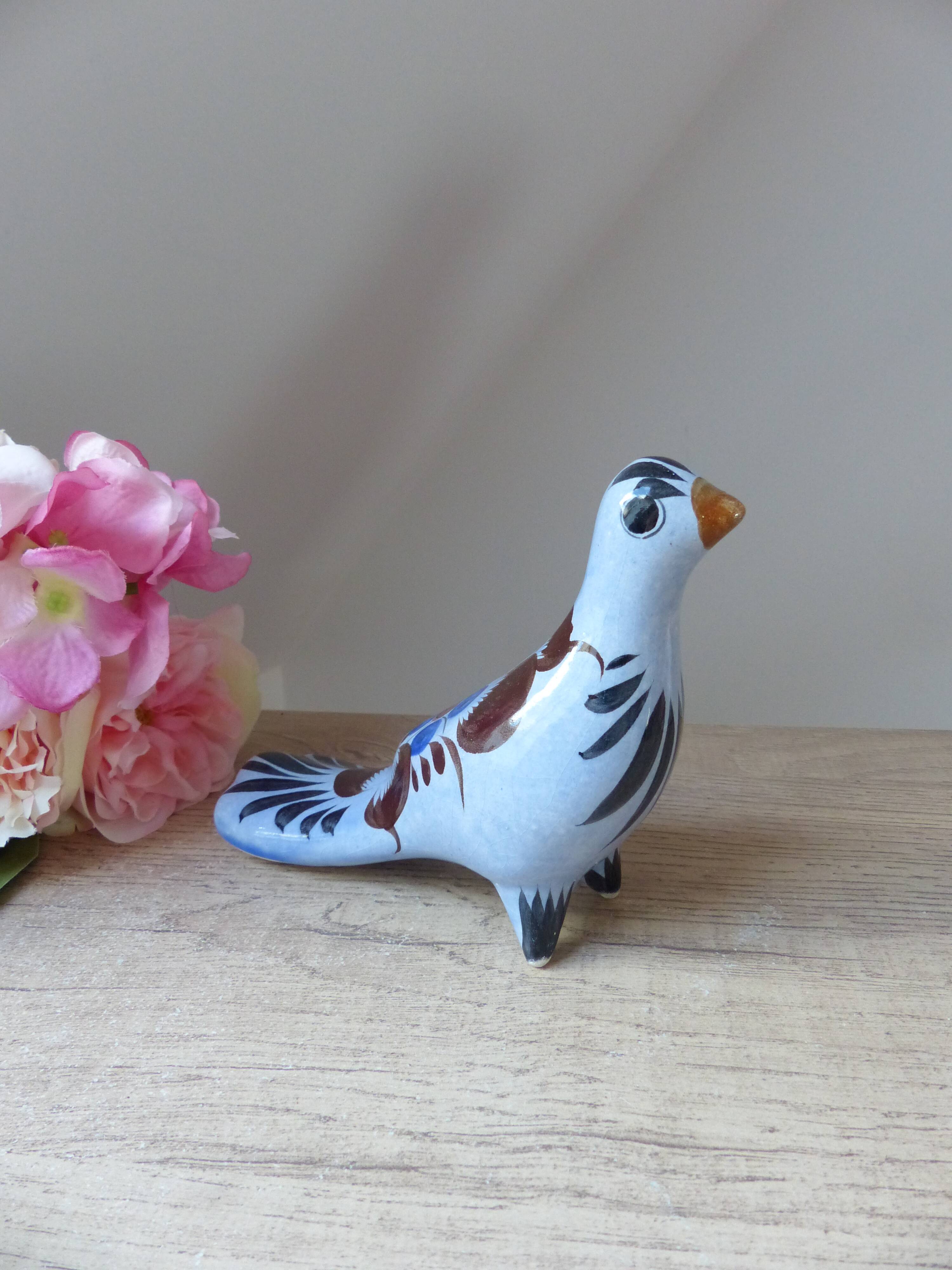 Bird figurine, large Tonala pottery dove with floral pattern Mexico vintage decoration
