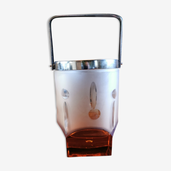 Vintage ice bucket frosted glass white and orange