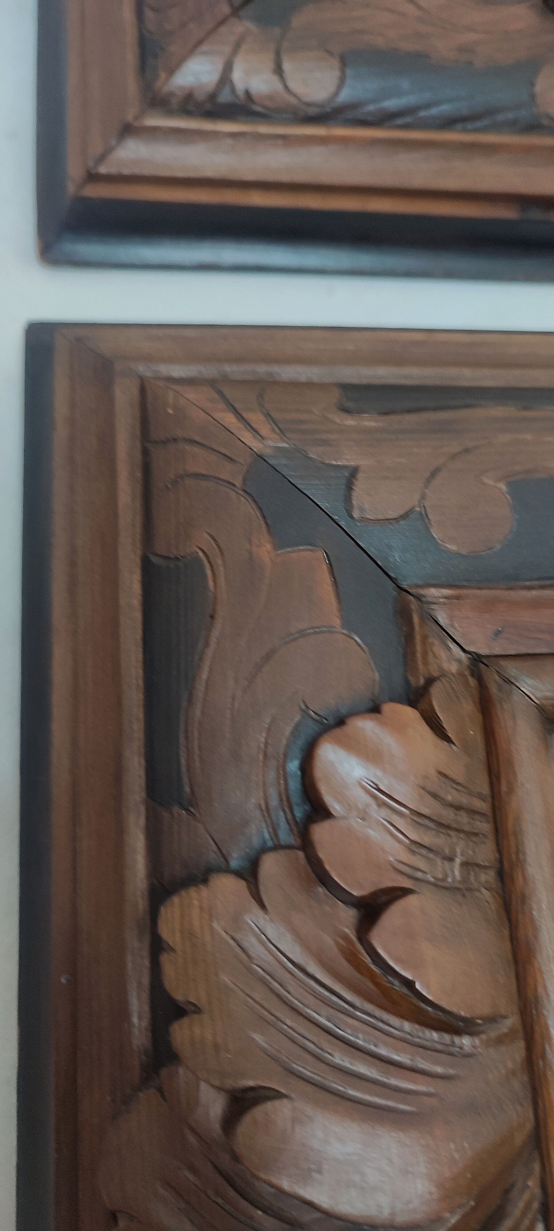 Pair of oils on cardboard with carved wooden frame. Spain 1950s.