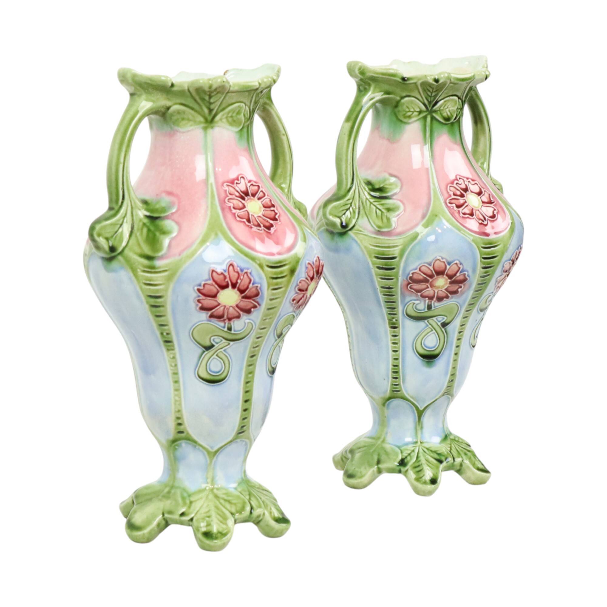 French Art Nouveau Majolica Earthenware Vases ca. 1900