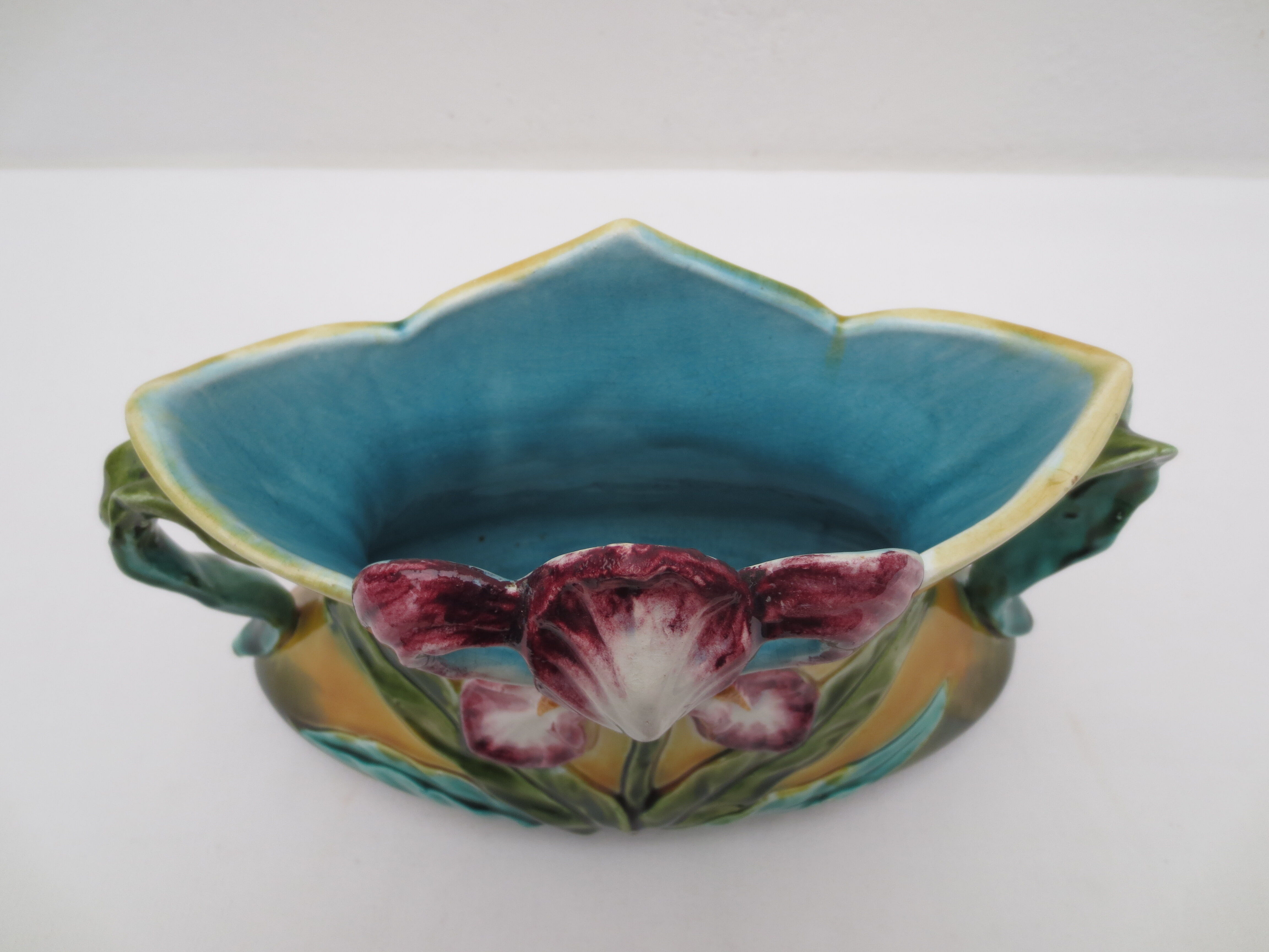 Former art nouveau planter in colorful dabbling iris décor