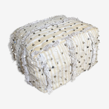 Pouf marocain tissus blanc et paillettes