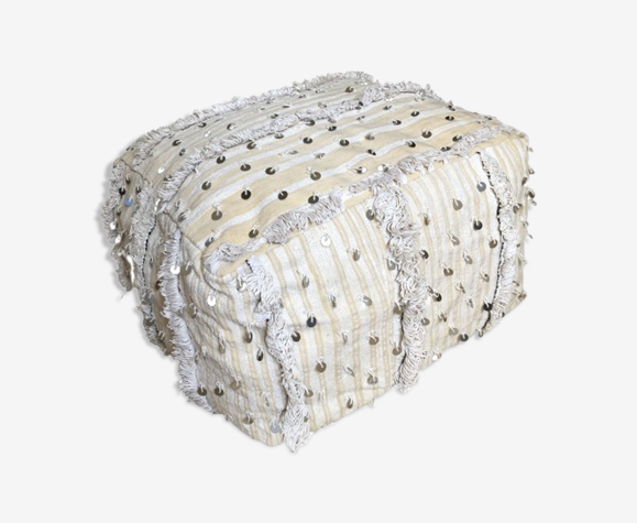 Pouf marocain tissus blanc et paillettes