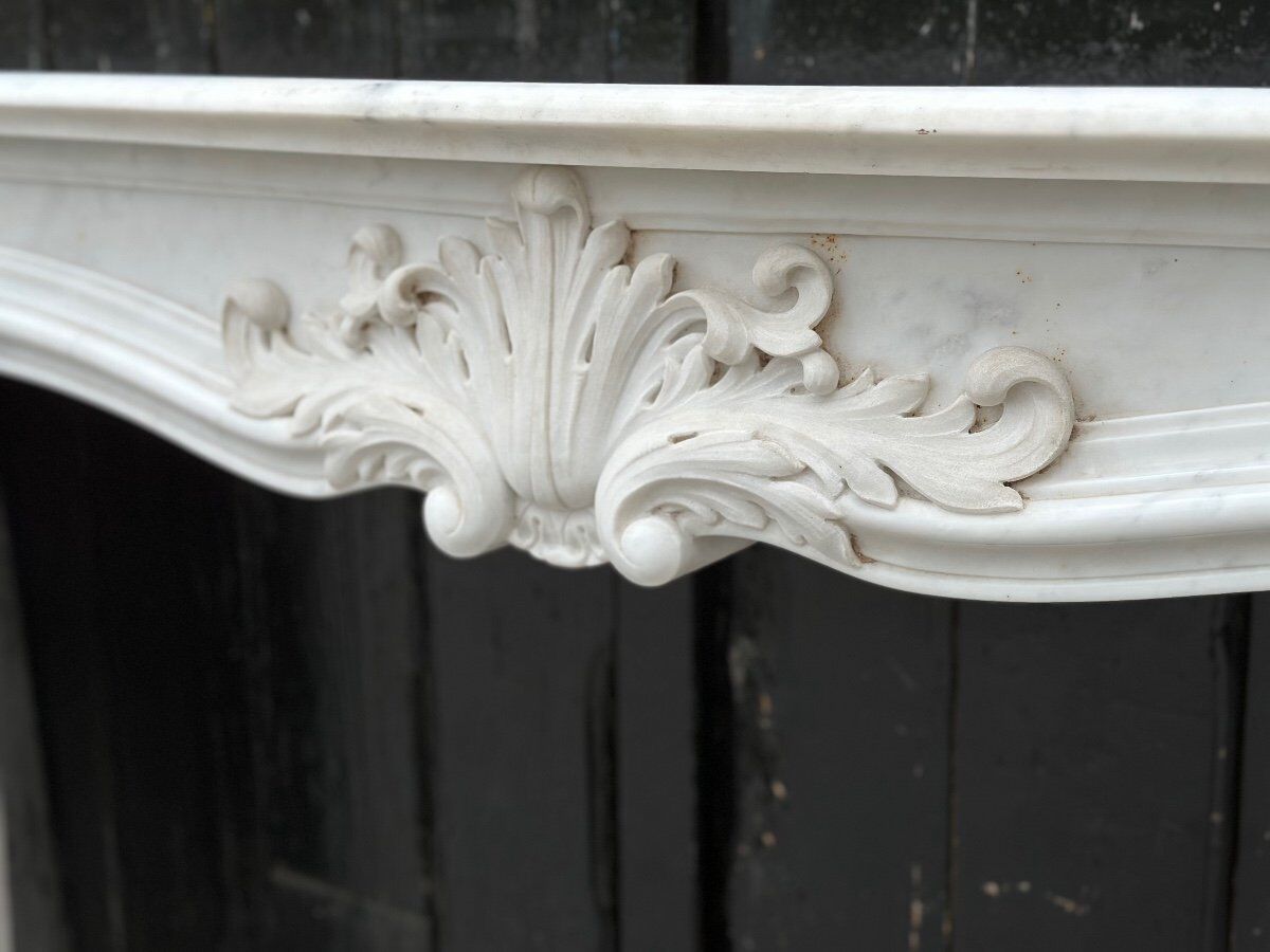 Louis XV style fireplace in white Carrara marble circa 1980