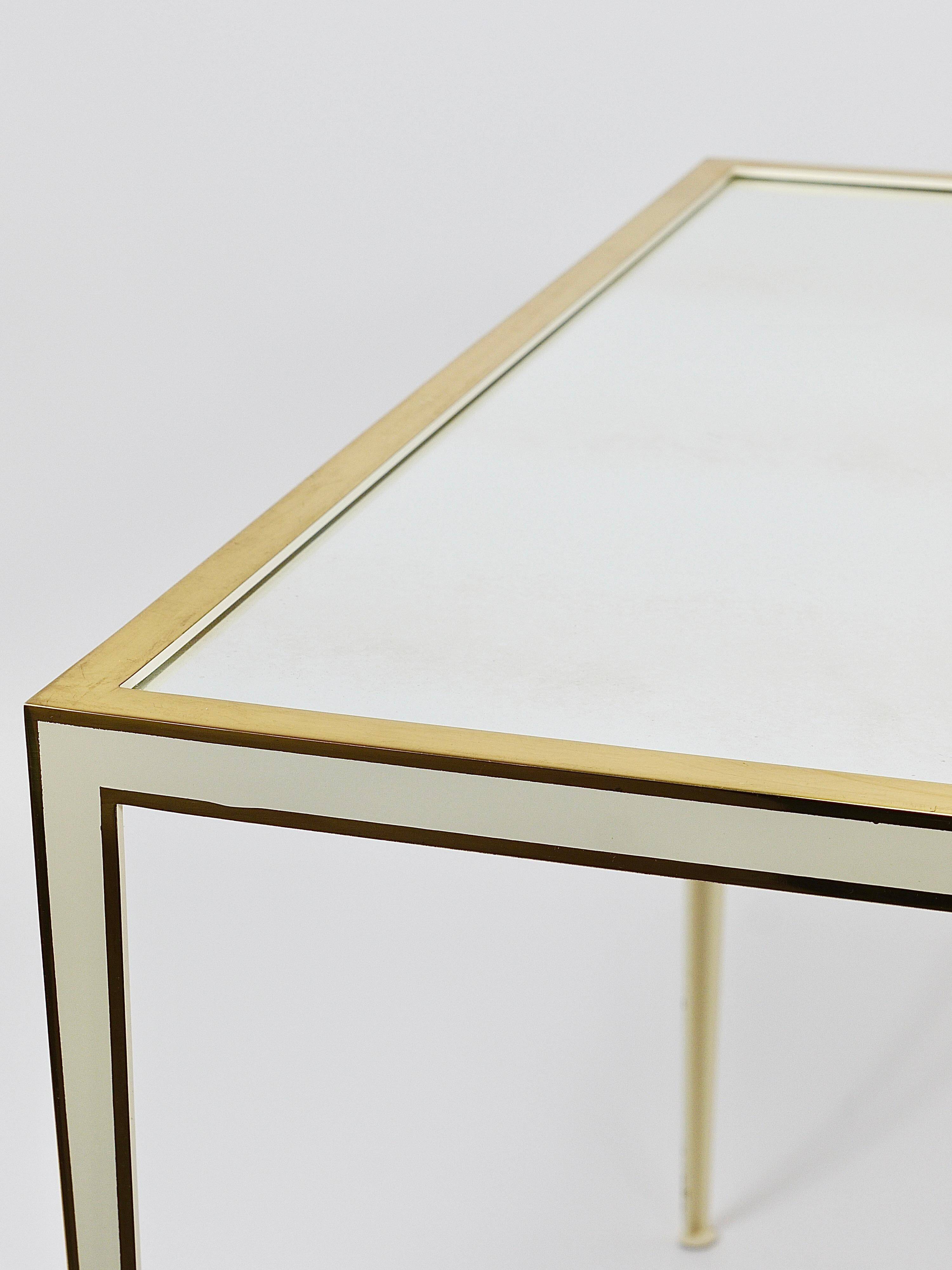 A pair of brass and white mirror tables from Vereinigte Werkstätten, Germany, 1970s.