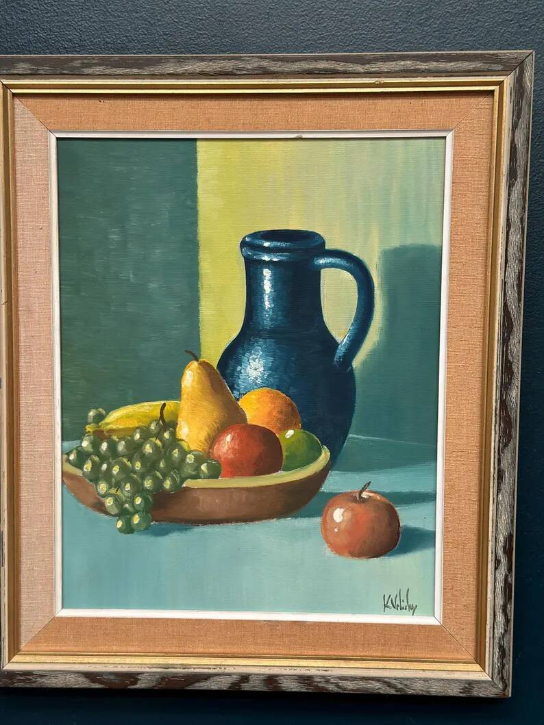 Original Swedish Oil on Canvas – 'Still Life with Fruits and Jug', Unknown Artist – Signed – Vintage and Framed – 52 × 44 cm (20.4" × 17.3")