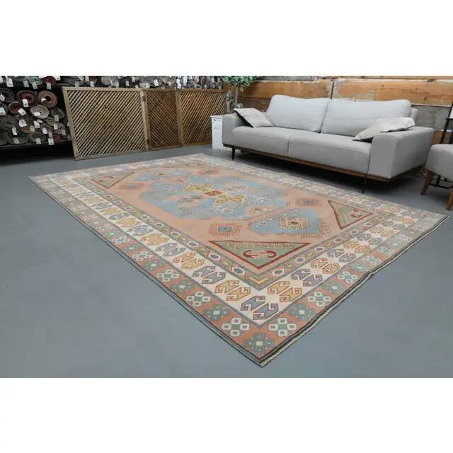 1970s Vintage Turkish Oushak Handmade Wool Cotton Blue Area Rug 220x310