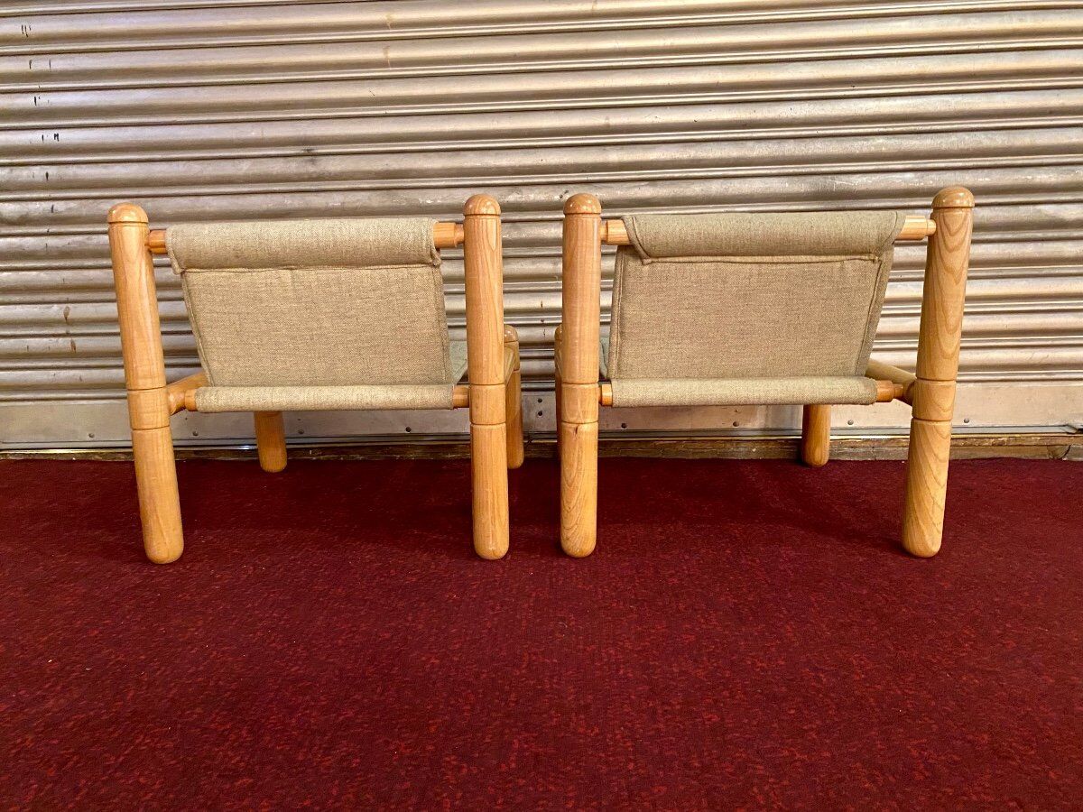 Pair of 1970s/80s armchairs in natural wood