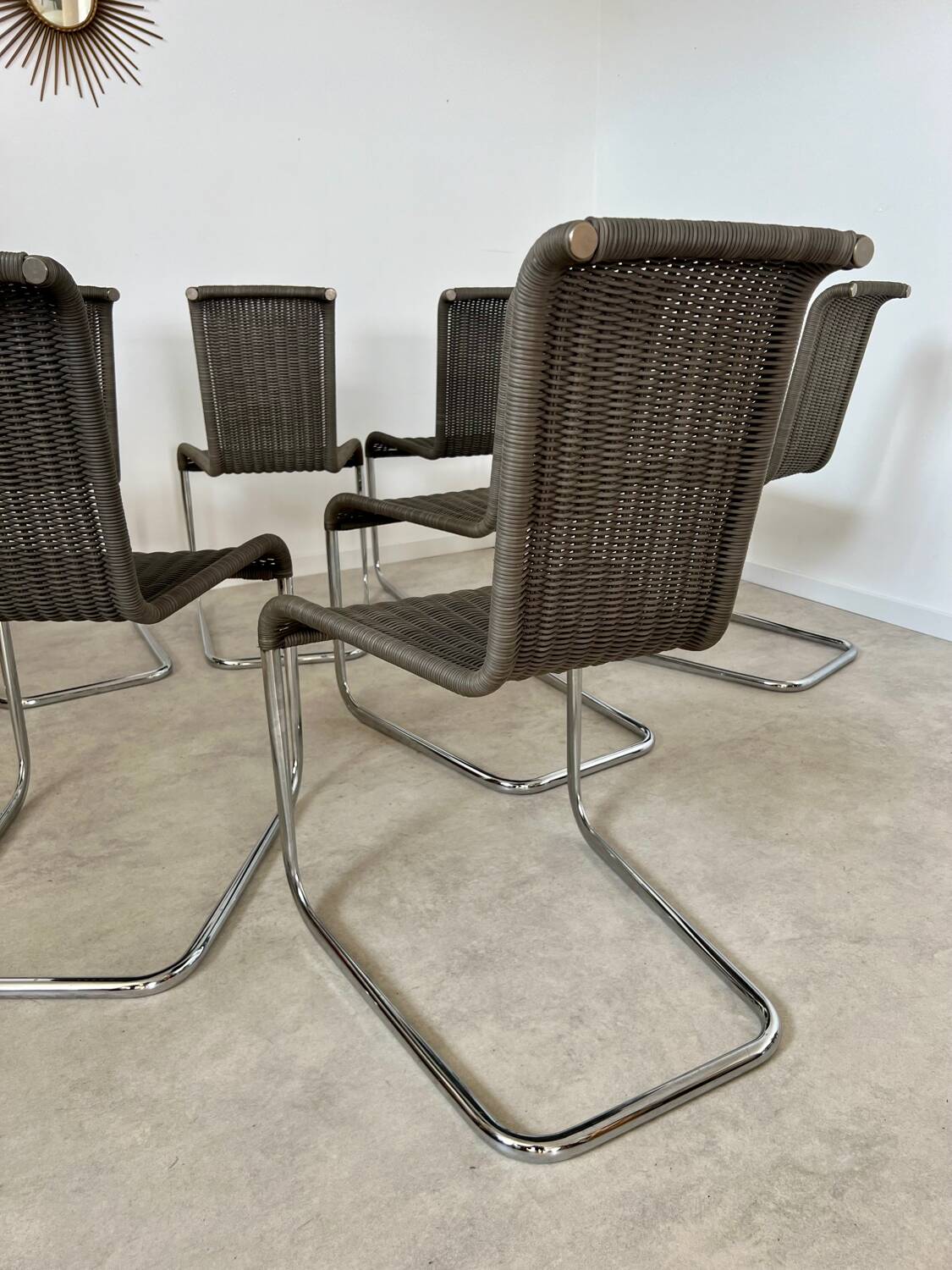 Set of 8 Tecta designer tubular chairs, Bauhaus style, metal and vintage gray cane, 80s